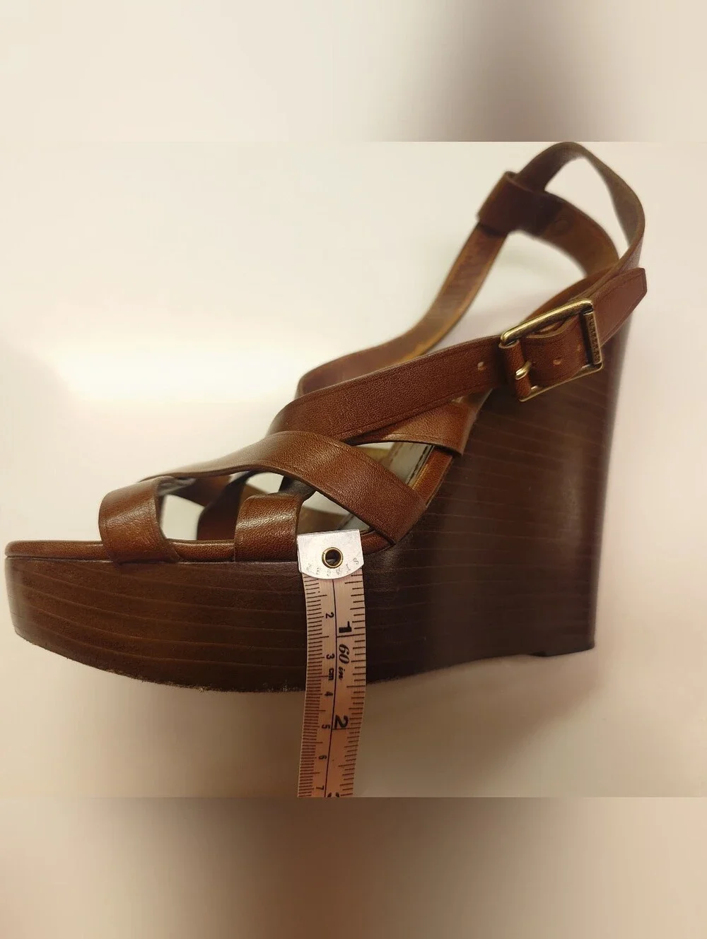 EUC Iconic Brown BURBERRY Delamer Leather Platform Wedge Sandal 39 Runway Heels